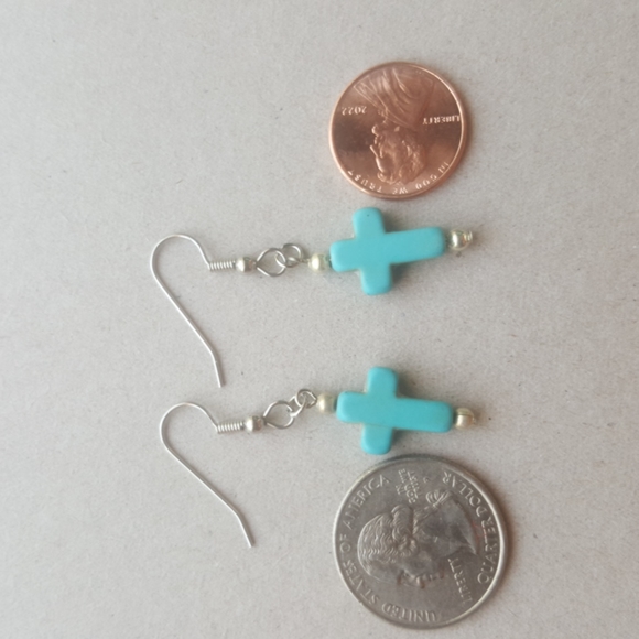 Turquoise Cross Earrings Western Boho Antiques Stone Howlite - Picture 3 of 8